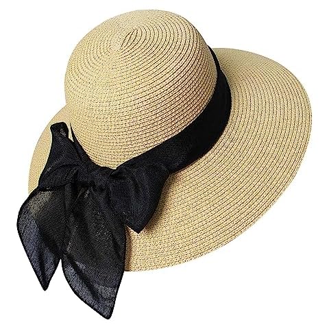 Womens Beach Sun Hat Women UPF 50 Brim Beach Summer Hat Wind Lanyard Garden Straw Hats for Women Cover