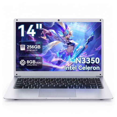 Image of 14 inch HD Laptop, Intel Celeron N3350 (Up to 2.4GHz), 8GB DDR4 RAM, 256GB SSD, Windows 10 Pro, Lightweight Notebook for Home, School, Business, WiFi, Bluetooth, HDMI, USB 3.0 (N3350-8+256)