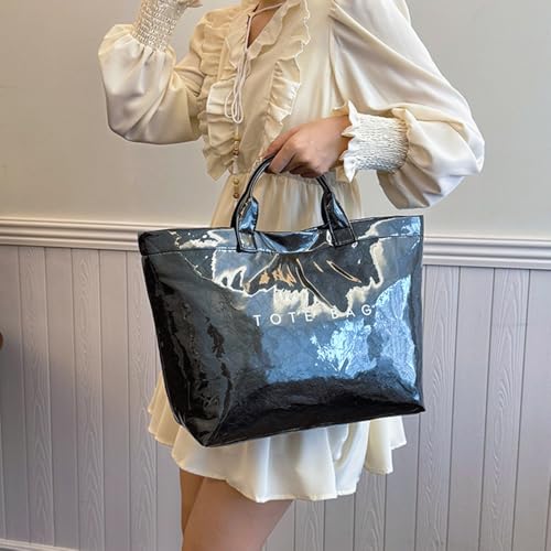 Image of PVC Tote Bag Women's Letters Print Large Kraft Paper Carry All Bag Top Handle Clear Hobo Handbag - Black