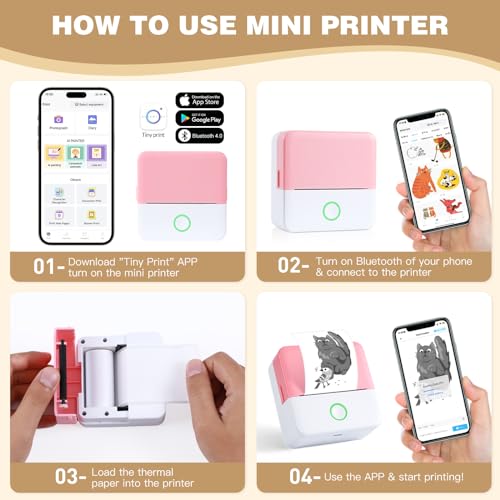 Image of cudinham Print Pods Mini Printer, Sticker Printer with 10 Rolls Thermal Printing Paper, Inkless Pocket Printpod for Phone, Impresora Portatil for Notes, DIY, Compatible with iOS & Android (Pink)