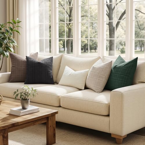 Image of MIULEE Decorative Linen Check Throw Pillow Covers Neutral Farmhouse Vintage Spring Pillow Covers 18x18 Set of 2 Boho Modern Home Decor for Sofa Couch Bedroom Cushion Dark Green