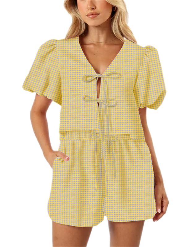 Image of Yuemengxuan Women Y2k Two Piece Plaid Lounge Sets Puff Sleeve Tie front Blouse Top High Waist Shorts Casual Pajamas Sets (Yellow & Purple, S), Small