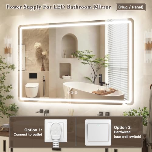 Image of Led Bathroom Mirror with Lights, Anti-Fog & Tri-Color Lighting - Wall Mounted Shaving Mirror with Touch Sensor, Waterproof Smart LED Vanity Mirror Tempered Glass Dimmable 60 inch x 40 inch