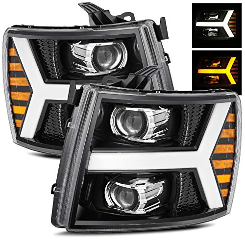 AlphaRex Base Model Jet Black Fit 07-13 Chevy Silverado 1500 07-14 Silverado 2500HD 3500HD Switchback DRL Signal LED Tube Dual Projector Headlights