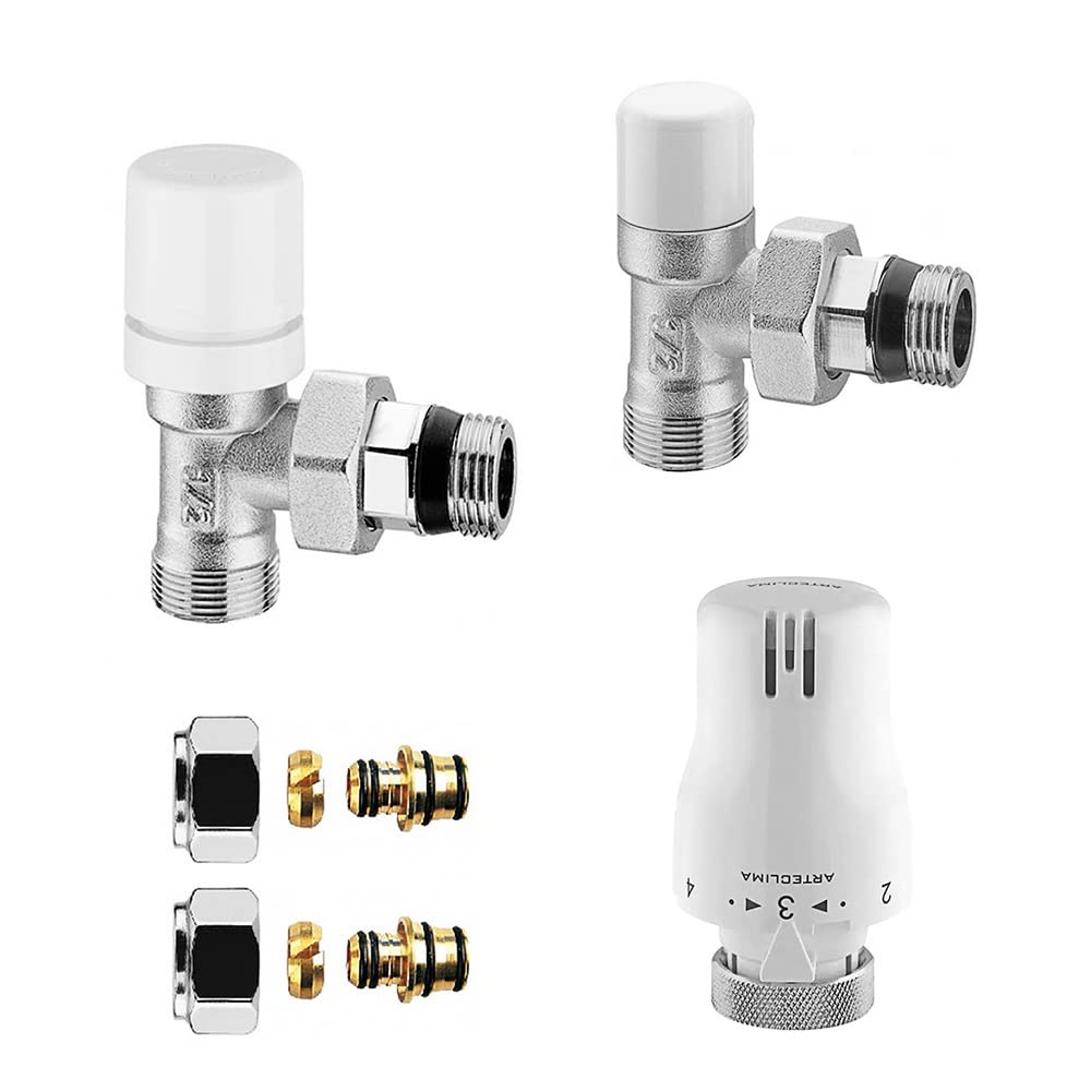 Valvola e detentore per termoarredo in acciaio cromo con tappo bianco, attacchi standard G ½”, INCLUDE testa termostatica e raccordi per rame o multistrato