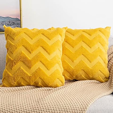 Yamonic Cushion Cover, Set of 2 Short Wool Throw Pillow Case With W Plush,Decorative Fluffy Soft Velvet Cushion Cover, Elegant Home Decoration for Sofa Bedroom Couch,Ochre Yellow,16"x16" Cover
