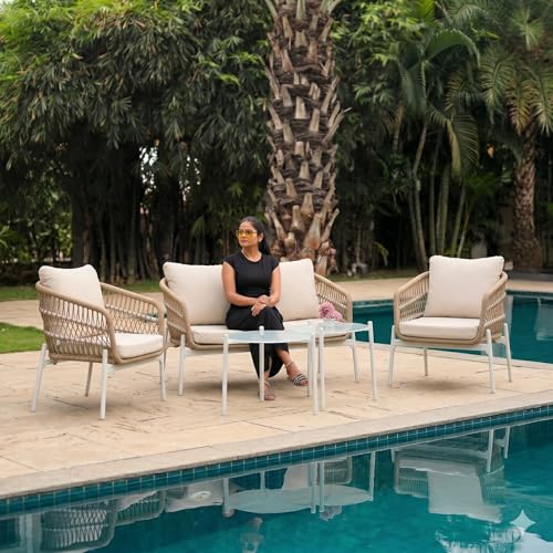 Image of LOCCUS Outdoor 4-Seater Rope Sofa Set with All-Weather Water-Resistant Cushions & Glass Top Round Coffee Table - Patio Conversation Furniture for Garden, Balcony & Poolside (Beige & Off-White)