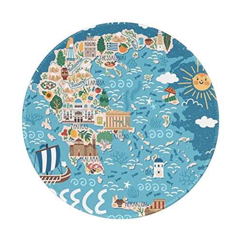 Tapis de souris rond imprimé carte de la Grèce avec bord cousu