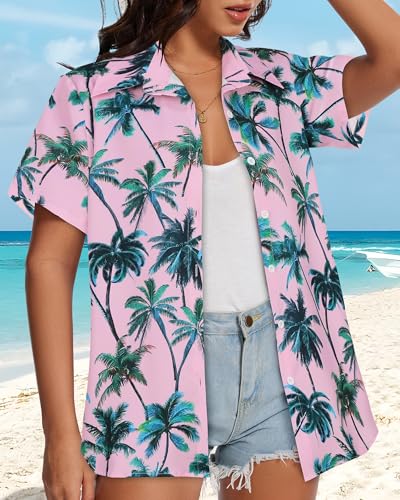 Image of Women Hawaiian Shirt Button Down Summer Tops Beach Short Sleeve Blouse