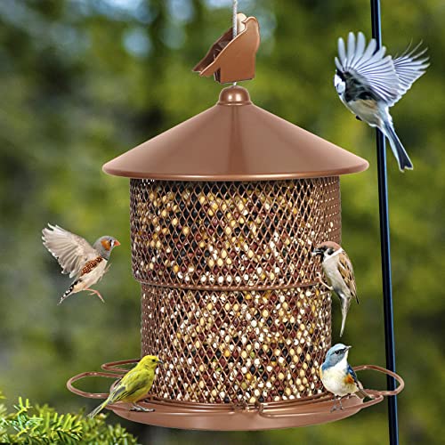 Bird Feeder for Wild Birds Brown, Heavy Duty Metal Panorama Grid Bird Feeder, 7 lb Seed Capacity Sunflower Seed Bird Feeder, Perfect Garden Decoration, Attracts Birds