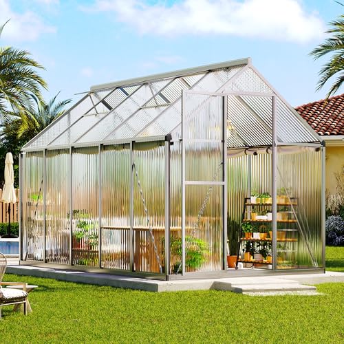 LUXOAK 181x303x195cm Gewächshaus mit Schnellmontage Verbindungen, stabilem Aluminiumrahmen und 2 Belüftungsfenstern, wetterfestes Hochleistungs-Gewächshaus für den Garten, Silber
