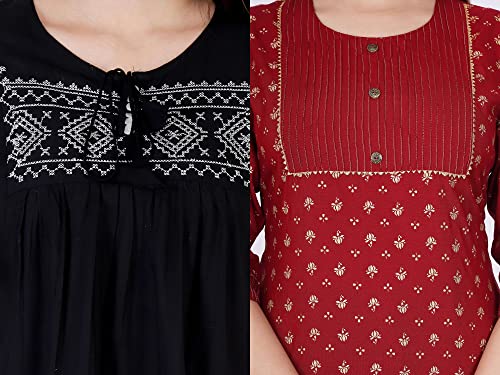 Image of Shiva Fab Short Kurti for Women | Embroidered Straight Rayon Kurta | Round Neck Full Sleeves Short Kurti for Women's Combo Pack of 2
