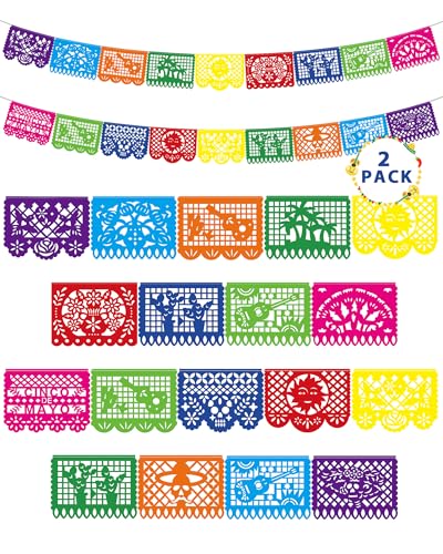 36 Ft Cinco De Mayo Decorations, 2 Pack Mexican Party Banner, Plastic Fiesta Banner Colorful Papel Picado Hanging Banner String Flags Mexican Theme Party Dia De Los Muertos Day Of The Dead Decor