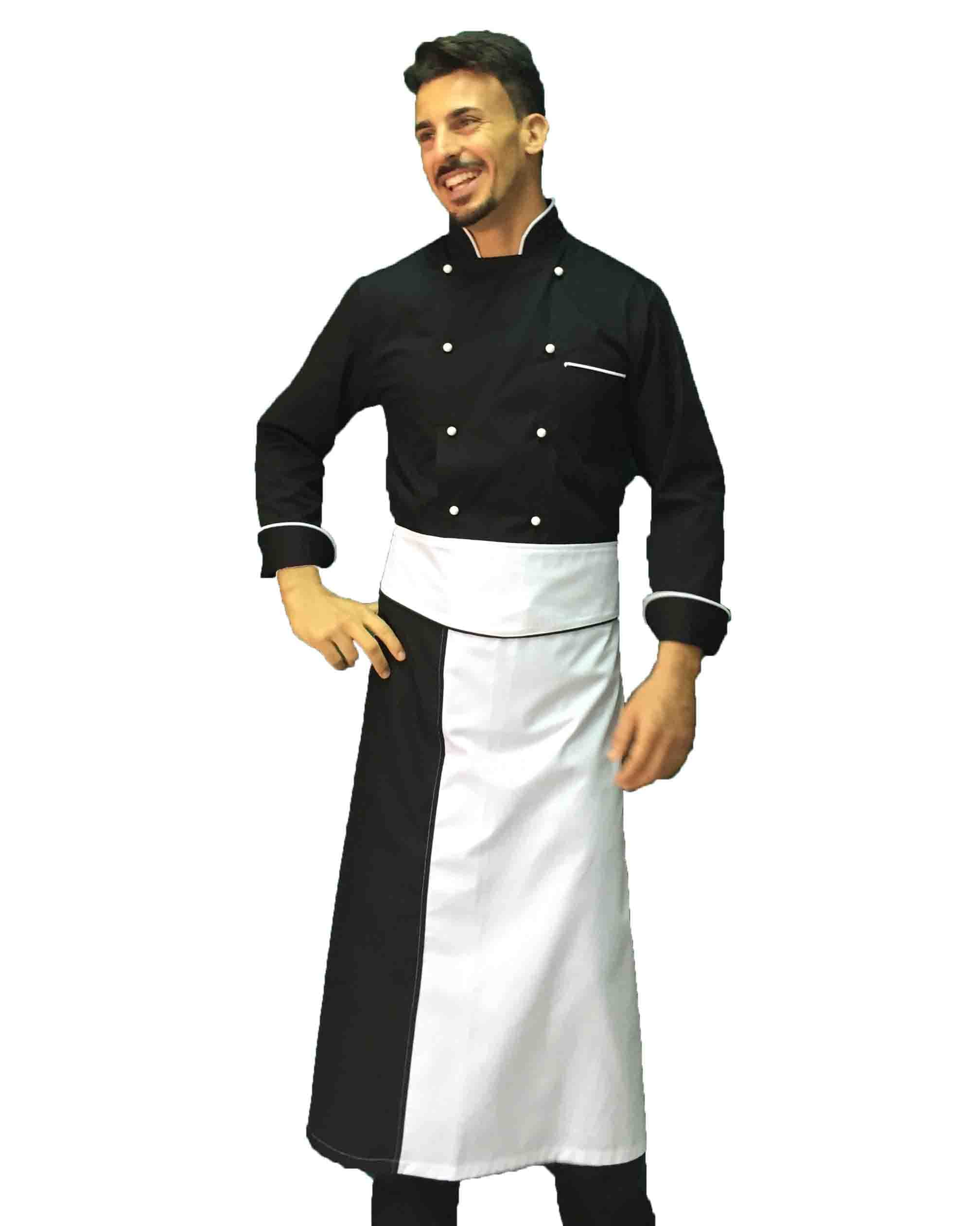 Bordado gratuito completo cocinero hombre – uniforme chef negro y blanco personalizado – chaqueta, pantalones y delantal – Uniforme para cocina y restaurante – Made in Italy, Negro y
