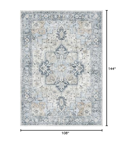 GENIMO 9x12 Area Rugs for Living Room, Machine Washable Non Slip Vintage Rugs, Low Pile Lightweight Chenille Print Rug for Bedroom, Dining Room, Home Office, Blue