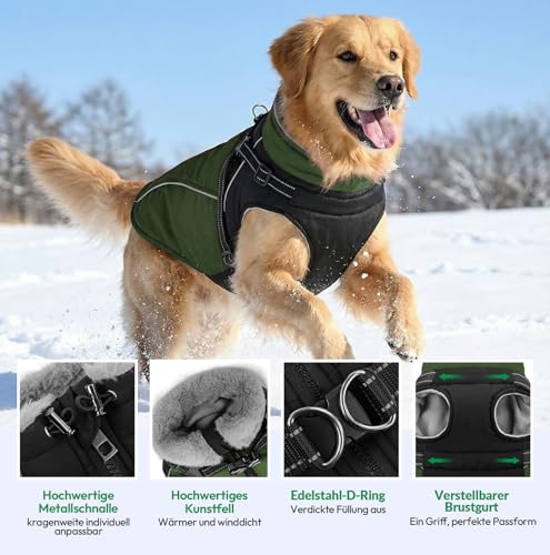 KONVINIT Warme Hundejacke Wasserdicht Hundemantel für Kleine und Mittelgroße Grosse Hunde Winter Hundemantel mit Geschirr Hund Wintermantel mit Reflexstreifen und Bauchschutz,Size L