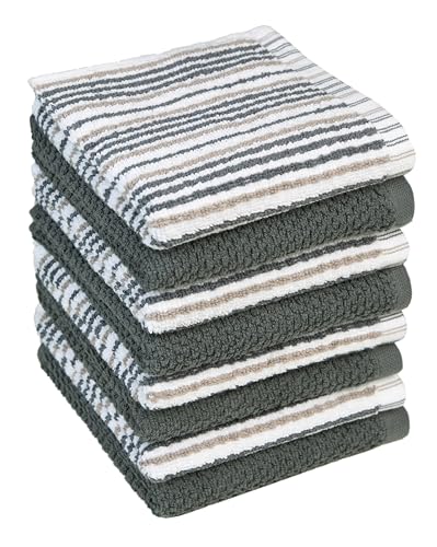Bumble Towels Premium Dish Cloths 12"x12" | 100% Natural Ring Spun Cotton Tea Towel Set | 430 GSM | Highly Absorbent & Soft | 8 Pack - 4 Popcorn Striped & 4 Solid Kitchen Towels - Gray