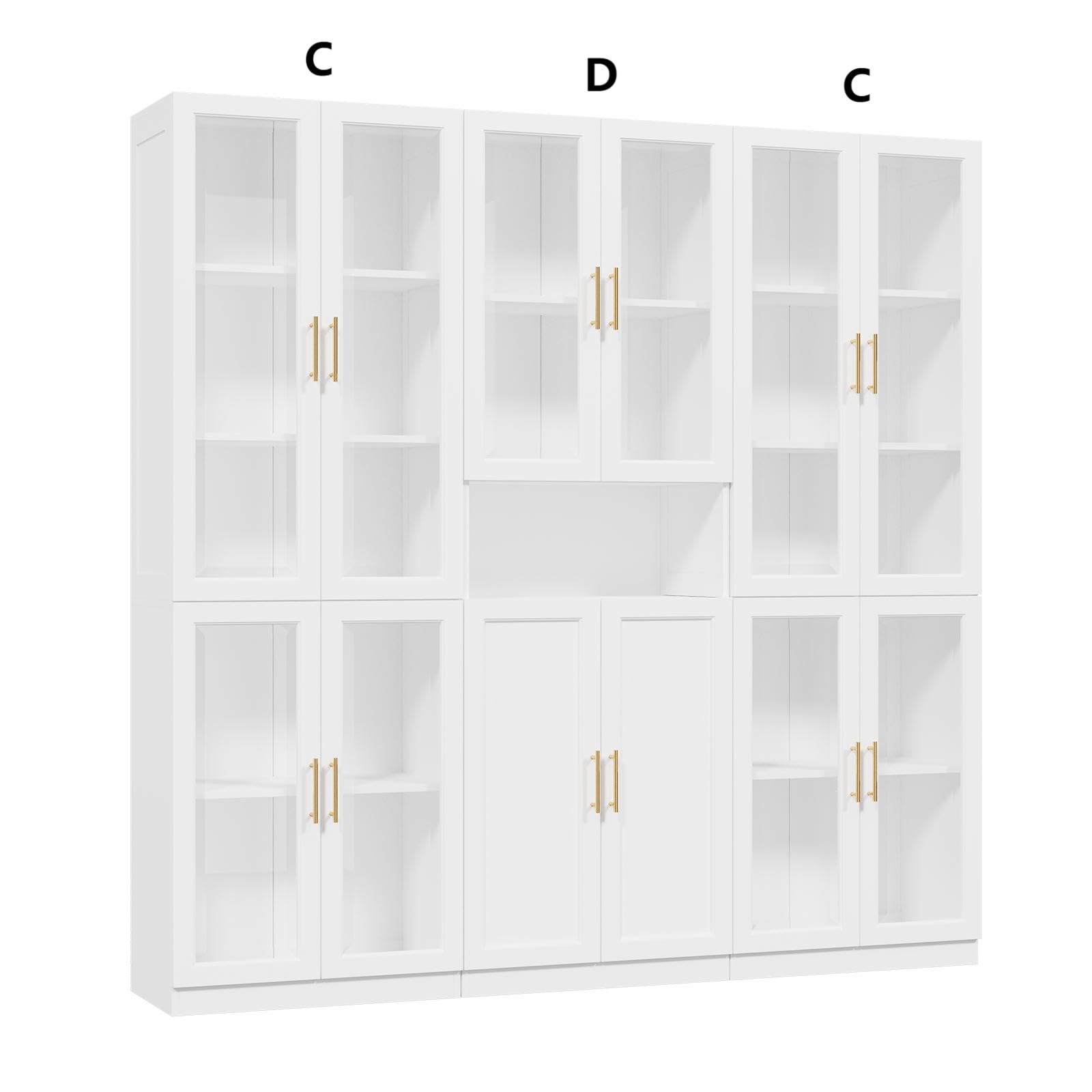 VOWNER Bücherregal mit Glastüren Vitrine, Küchenschrank, Buffetschrank Weiß