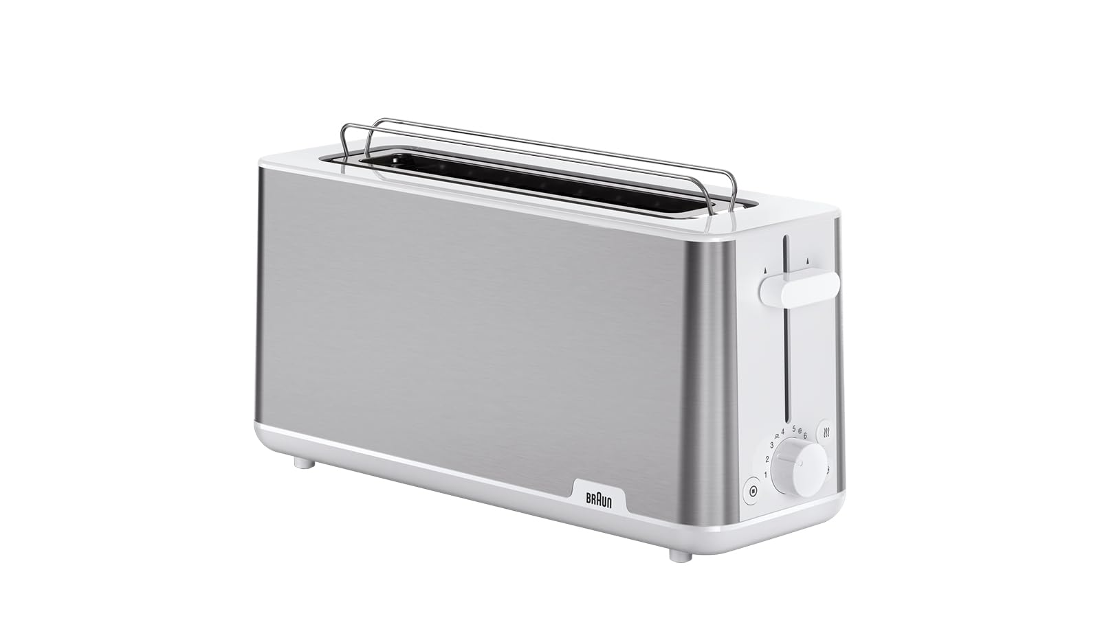 Braun Grille-pain PurShine HT 1610 WH, fente à pain de 25 cm, 8 niveaux de brunissage, fonction réchauffage et décongélation, grille ramasse-miettes, 1030 W, blanc