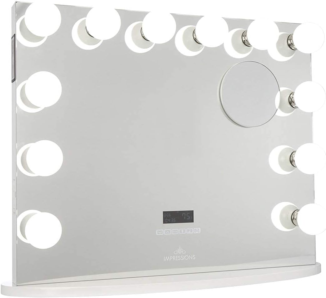Flash Deals - 60% OFF IMPRESSIONS Hollywood Premiere Plus Vanity Mirror with 12 LED Bulb, 3X Magnifying Mirror with 2 USB Ports and Wireless Bluetooth Speaker (White) Exclusive Discount 🔥 IMPRESSIONS Hollywood Premiere Plus Vanity Mirror with 12 LED Bulb, 3X Magnifying Mirror with 2 USB Ports and Wireless Bluetooth Speaker (White)