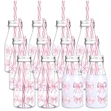 Chuangdi 12 Sets 8. 5 oz Pink Bow Milk Bottles with Straws Lids Stickers Plastic Baby Bottles for Baby Shower Reusable Aesthetic Pink Bow Tumbler for Party Favors Birthday Supplies