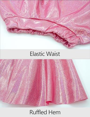 Image of Happy Cherry Kids Girls Metallic Shiny Short Sleeve Crop Tank Top with Skirt Dance Dancewear Outfit Rose Red 7-8 Years