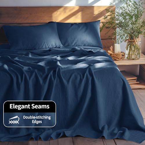 Image of LBRO2M 100% French Pure Linen Sheet Set 4Pcs, 16 inch Deep Pocket Queen Size