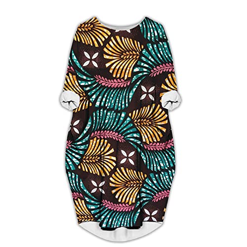 Oversized Midi Tshirt Dress for Women, African Print Casual Loose Plus Size Long Sleeve Tunic Dress with Pockets