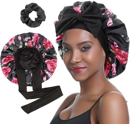 SENGTERM Bonnet Satin Cheveux Nuit Couche Double Bonnet en Soie pour Cheveux bouclés Cheveux naturels -aille de tête Ajustable Bonnet de Nuit pour Femmes