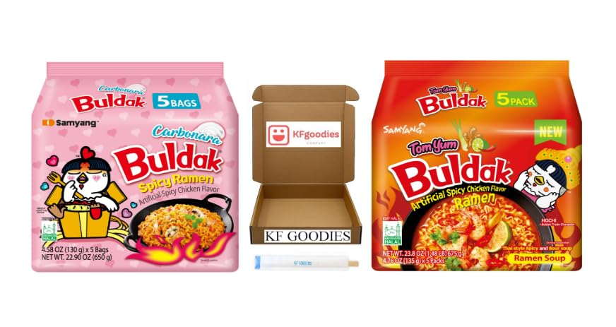 Samyang Buldak Hot Spicy Chicken Ramen Noodle Korean Stir-Fried Ramen (10 Pack - Carbonara & Tom Yum) 5 Pack Each