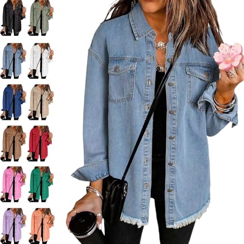 Meditatem Denim Jacket, 2025 Women's Casual Denim Button Down Distressed Jacket, Oversized Button Up Frayed Hem Shacket