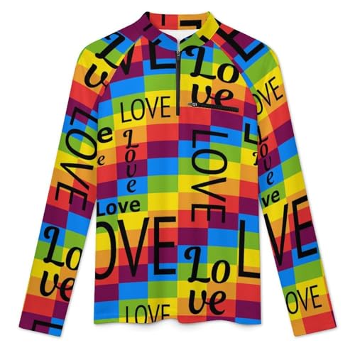 Rainbow LGBT Love Rectangles Men's Rash Guard Long Sleeves Quick Dry Fishing Workout Shirts with Zipper3