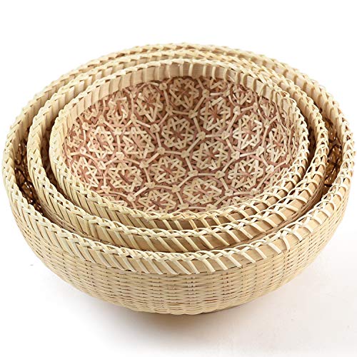 Handmade Wicker Woven Basket, Bread Baskets for Serving, Fruit Baskets, Kitchen Organizer, Handmade Basket, Multi-purpose Storage Round Wicker Basket Natural Set of 3 Different Sizes (Bamboo)