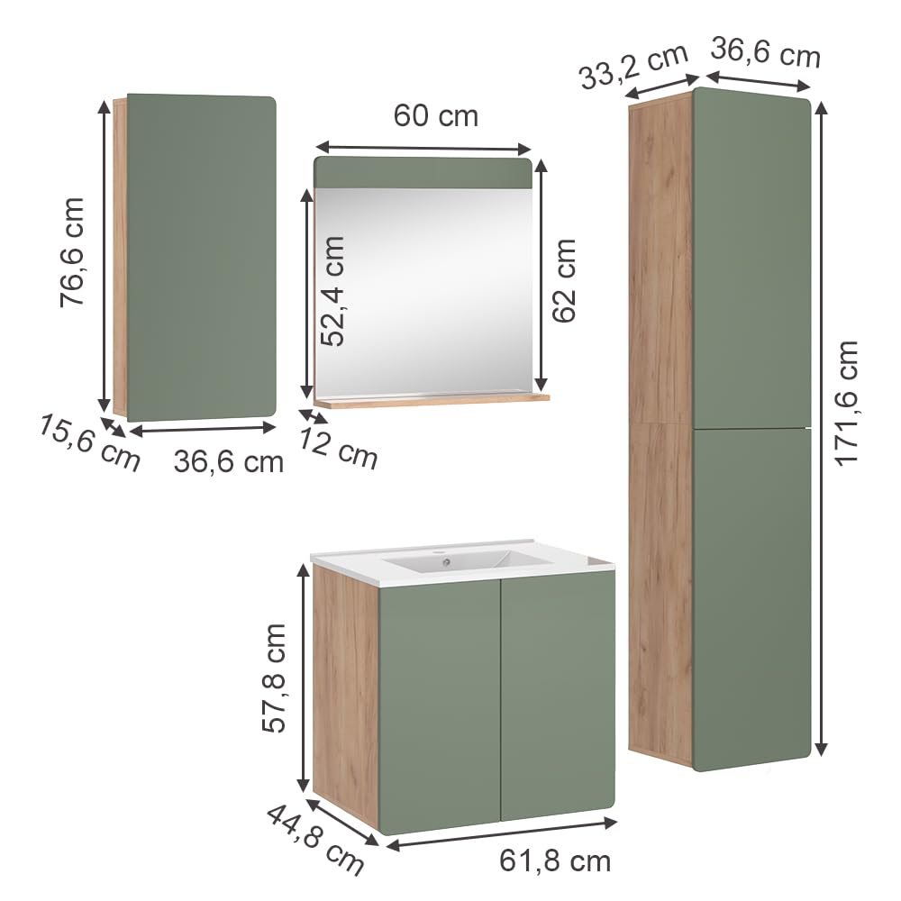 Vicco Zestaw mebli łazienkowych "Izan", Goldkraft dąb/zielony, 61.8 cm | składa się z szafki pod umywalką, umywalką, szafką ścienną, kolumną i półkolumną
