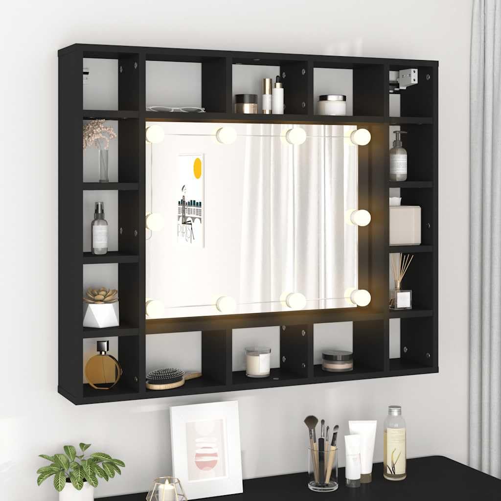Armadietto a specchio a LED nero, 91 x 15 x 76,5 cm, con illuminazione e telecomando, montaggio a parete, con diversi scomparti e porta USB per riporre cosmetici
