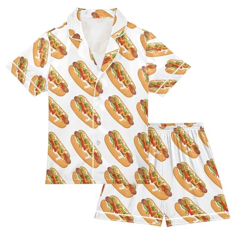 ALAZA Hot Dog Pajamas Satin Pajama Set Short Sleeve Button Down Sleepwear