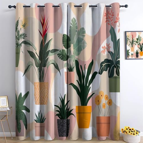 Cortinas térmicas modernas para sala de estar y dormitorio, diseño de plantas con ojales, bloqueo de luz, aislantes del frío y el calor, 117 x 183 cm (2 paneles), color verde y ge ideal para oficinas.