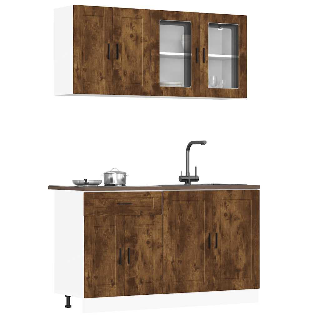 Set di 4 mobili da cucina Porto in legno di quercia affumicata, con ampio spazio di archiviazione, piedini regolabili, pensili pensili, sottopensili e superficie liscia, per cucina e sala da
