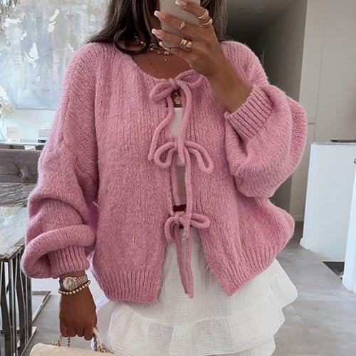 Image of Women Knitted Tie Front Cardigan Tops Casual Knitwear Top Long Sleeve Open Front Baggy Sweater Y2k Girls Outwear