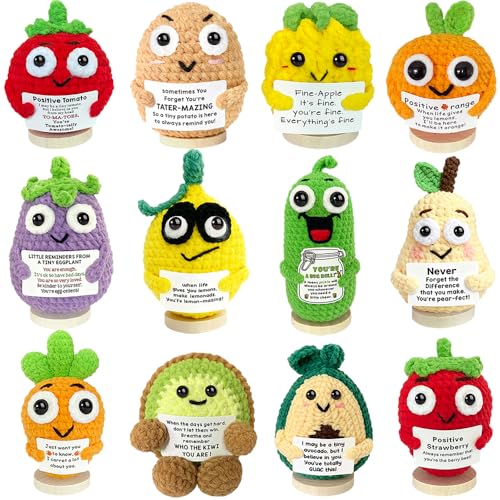 12PCS Positive Crochet Vegetables Fruits Inspiration Pickle Potato with Positive Messages Support Animals Bulk Graduation Teacher Gifts Affirmation Encouragement Gifts for Women Employee Nurse Teens