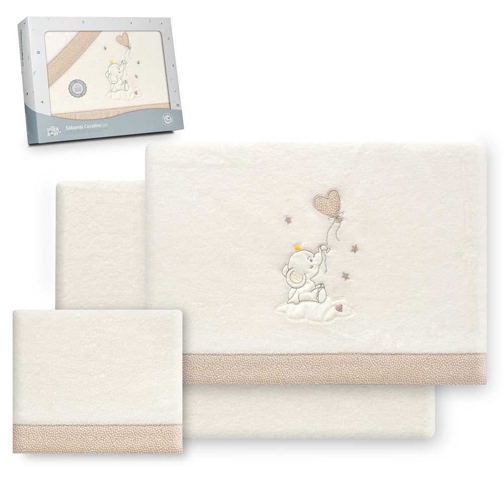 Interbaby - Juego Sabanas Cuna 60x120 Poliester 100% | Sabana Cuna Coralina, Cálida, Suave | Incluye Sabana Bajera, Encimera y Funda de Almohada | Ideal para Invierno | Elefante Globo Corazón Beige