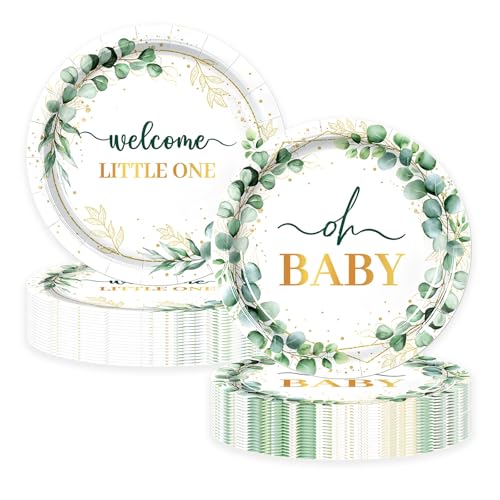 Image of 50Pcs Baby Shower Paper Plates 7 inch Sage Green Oh Baby Party Supplies