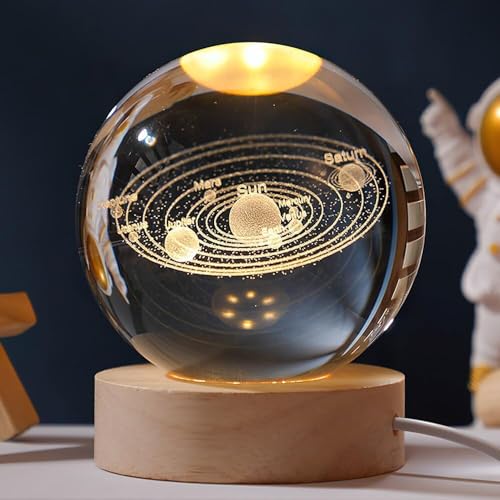 Image of STARKENDY 3D Galaxy Crystal Ball LED Night Lamp, Creative Engraved Night Light Wooden Base, Warm White Decorative Table Lamp for Home, Office, Bedroom, Birthday Gift
