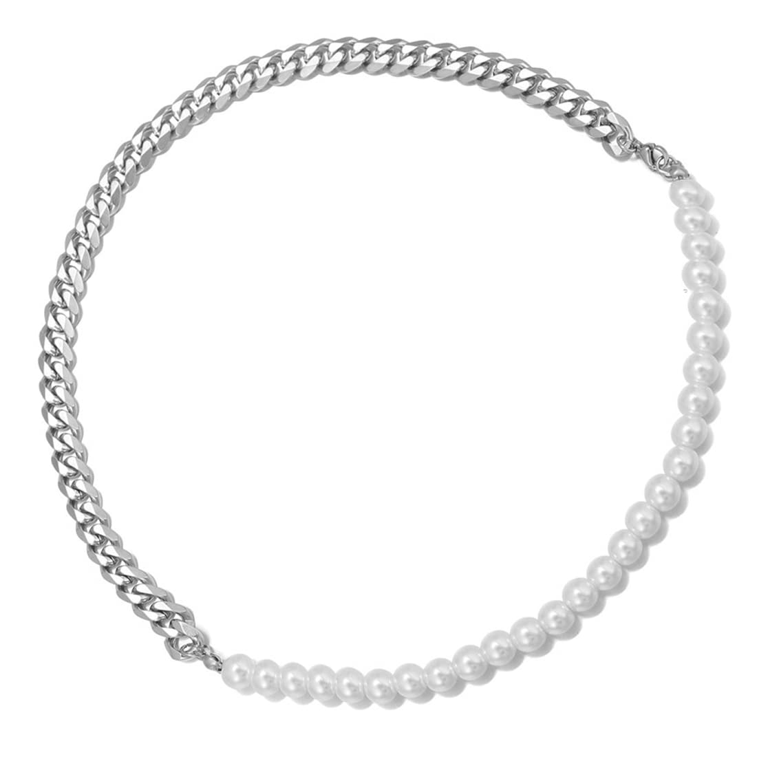 LEEQ Collar de Hombre Media Perla Media Perla Acero Inoxidable Plata Cadena Cubana 22"