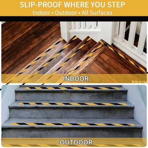 Image of Black & Yellow Anti-Slip Stair Treads Tape, 1 inch x35FT Heavy Duty Non-Skid Grip Tape for Indoor /Outdoor Steps, Bathroom & Pool - PVC Waterproof Safety Traction Tape