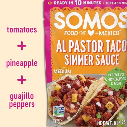 Image of SOMOS Al Pastor Taco Simmer Sauce - Taco Sauce with Guajillo Peppers, Tomatoes, & Pineapple - Gluten Free - Plant Based - Non-GMO - All Natural - Perfect for Chicken, Pork & More - 8oz (6 Pack)