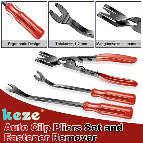Image of Keze 7 Pcs Auto Trim Removal Tool Kit for Car Panel Dashboard Door Clips and Upholstery with Plastic Pry Tool & Clip Pliers - No Scratch Design Professional Automotive Repair Tools Set, Red