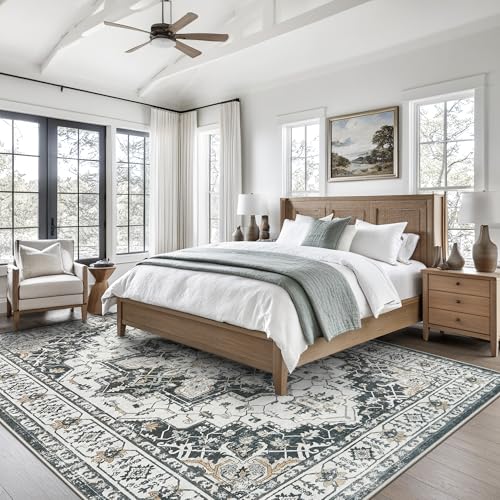 Madane 6x9 Area Rugs for Living Room, Stain Resistant Washable Rugs, Non-Slip Backing Area Rug, Vintage Home Decor Rug for Bedroom (Black, 6'x9')