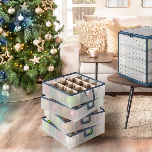 Image of Hearth & Harbor Christmas Ornament Storage Box With 4 Inner Tray Dividers - Plastic Ornament Storage Container For 64 Holiday Ornaments or Decorations