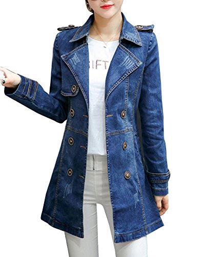 Guiran Damen Jeansjacke Denim Langarm Jäckchen Übergangsjacke Denim Mäntel Jacke Lange Trenchcoat Blau